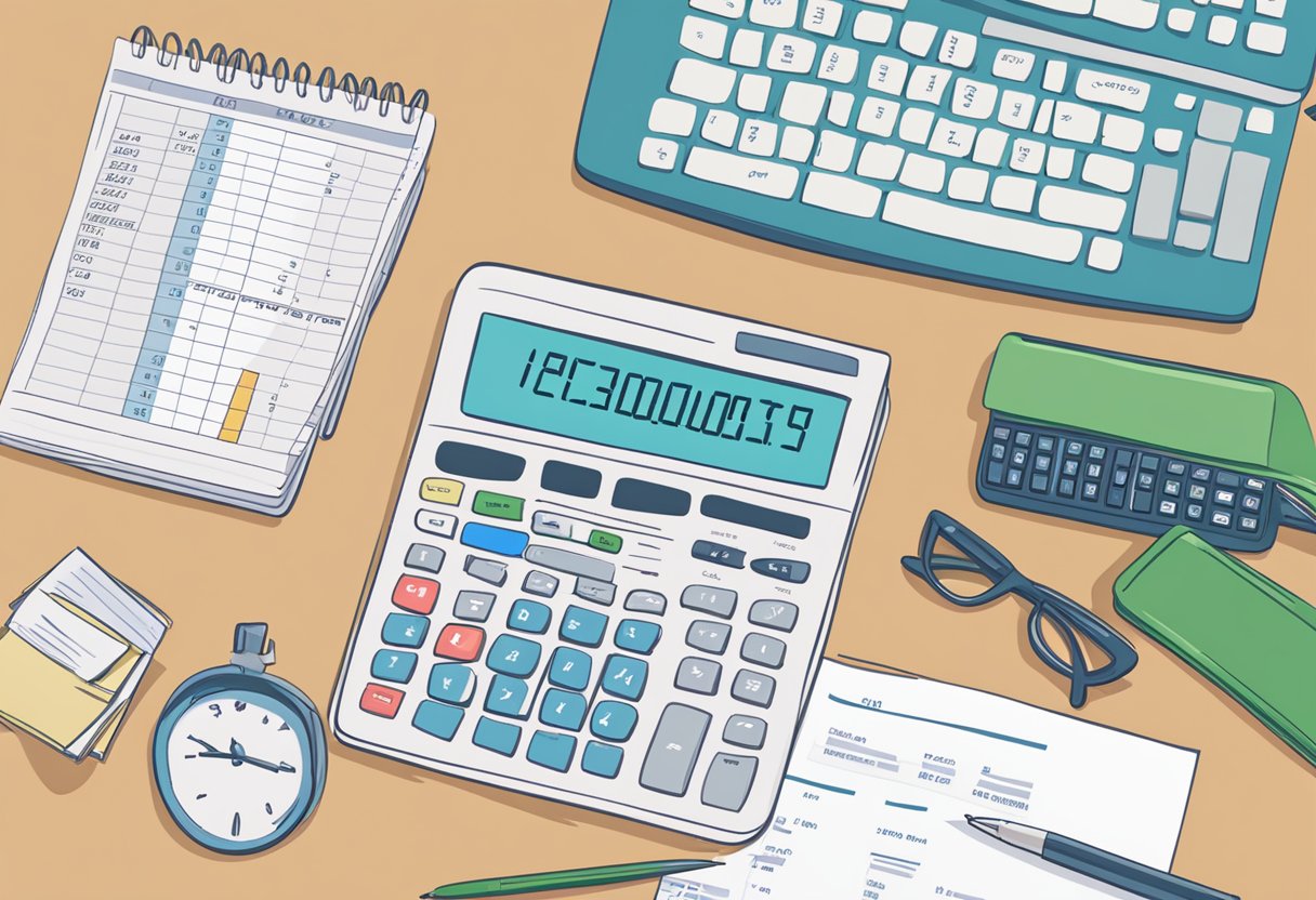 A table with bills, receipts, and a calculator. A family budget spreadsheet on a laptop. An open notebook with income and expenses listed