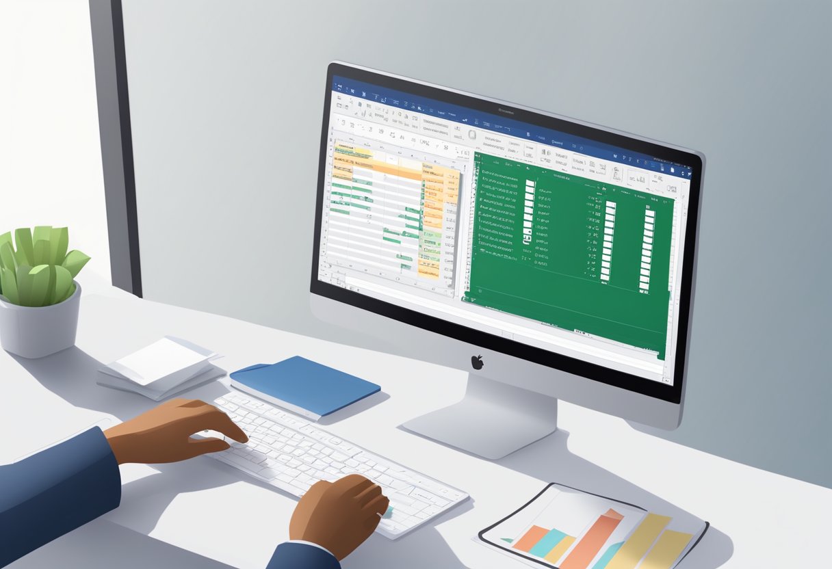 Excel formula on screen, followed by text input. Cursors clicking and typing. Tutorial window open for guidance