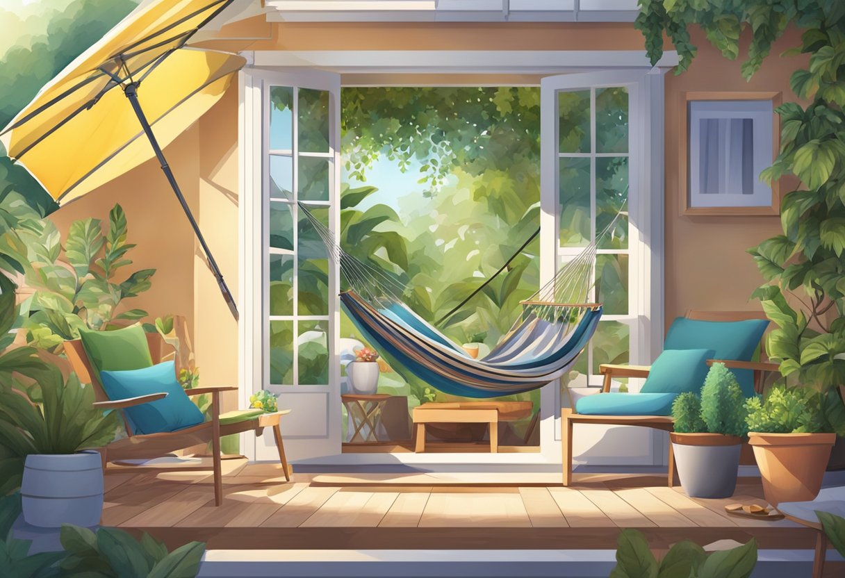 A cozy house transformed into a summer retreat: open windows, light curtains, potted plants, colorful cushions, outdoor furniture, sun umbrellas, and a hammock in the garden