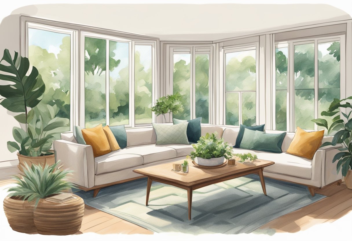 A cozy living room with light, airy decor and large windows overlooking a lush green garden. Comfortable seating and soft, natural textiles create a relaxed and inviting atmosphere