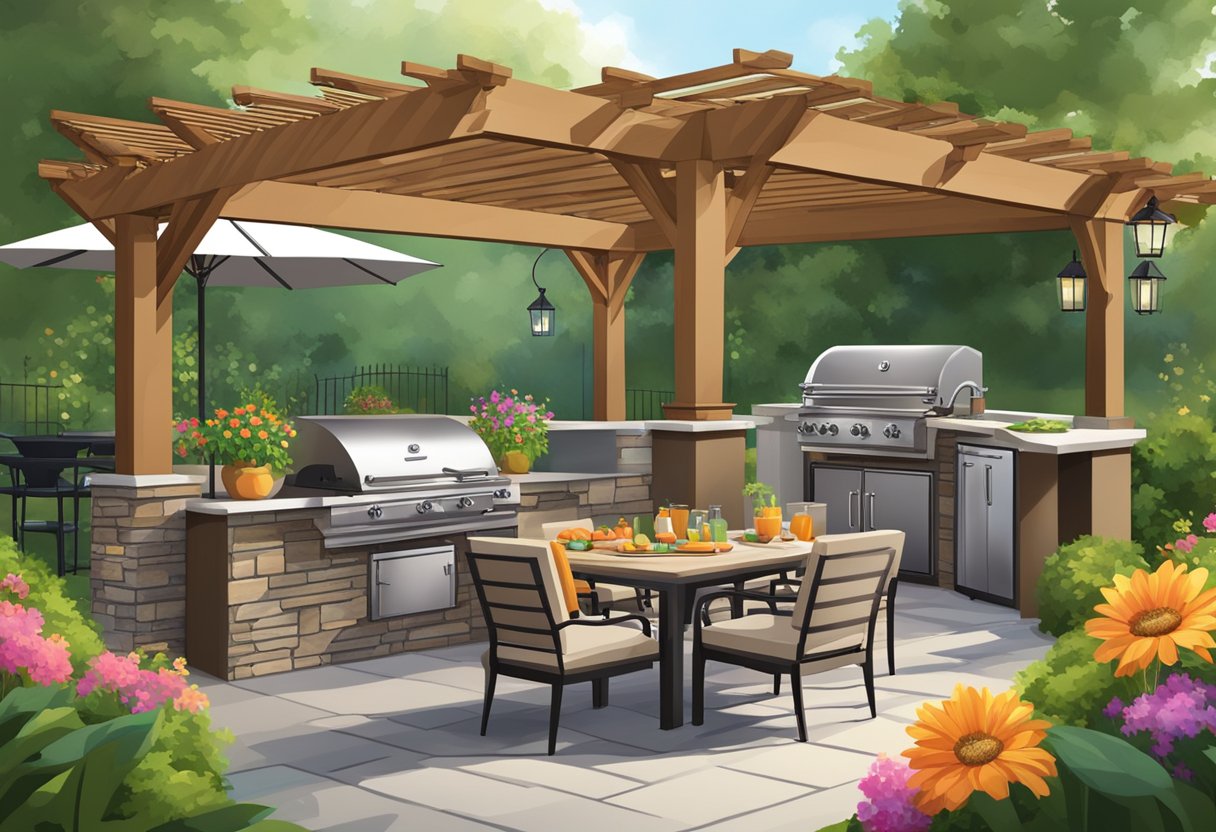 A cozy patio with a pergola, comfortable outdoor furniture, and a fire pit surrounded by lush greenery and colorful flowers. A grill and outdoor kitchen area complete the perfect summer retreat