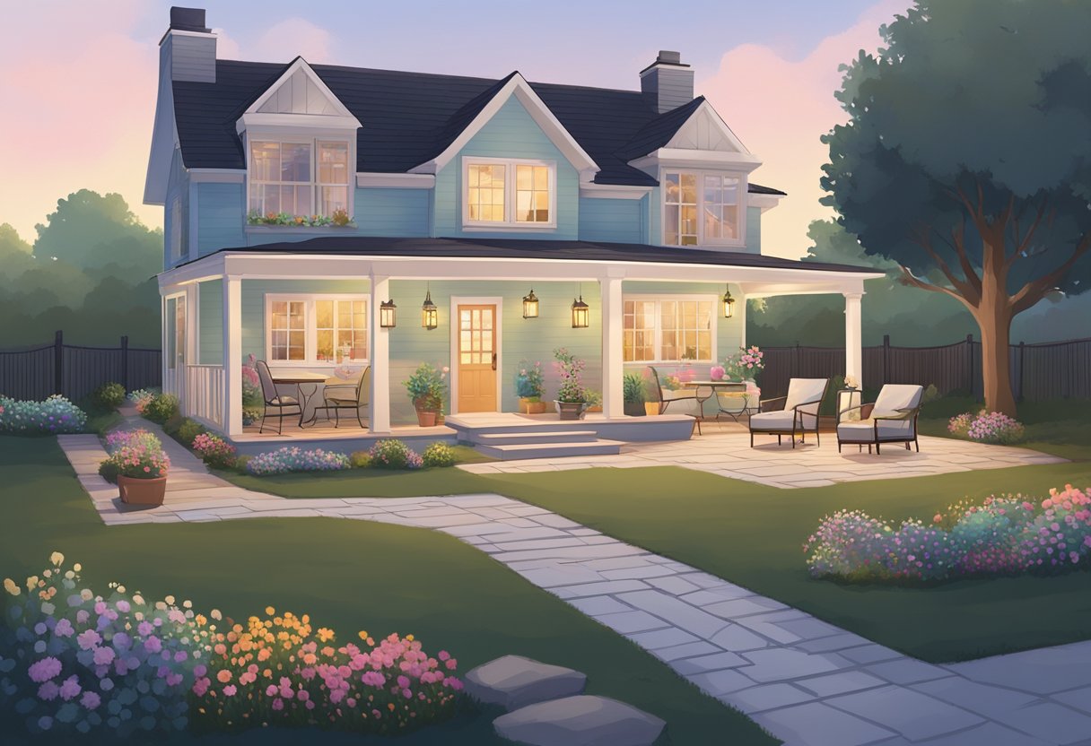 A house transformed: 1) paint exterior pastel colors, 2) add outdoor seating, 3) install a hammock, 4) plant colorful flowers, 5) hang string lights, 6) build a fire pit,