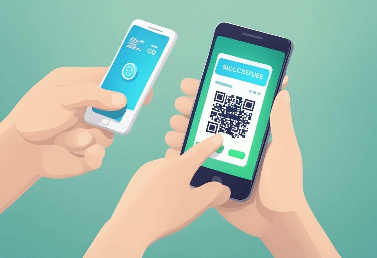 A hand holding a PIX QR code, with a smartphone scanning it, and a notification of a successful payment appearing on the screen