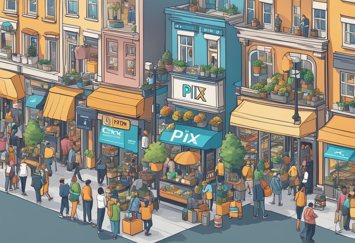 A crowded street with various shops and businesses, with the PIX logo prominently displayed on storefronts and payment terminals