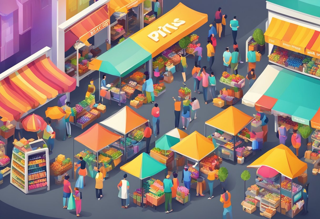 A colorful and vibrant marketplace with various vendors accepting PIX payments from customers using their smartphones