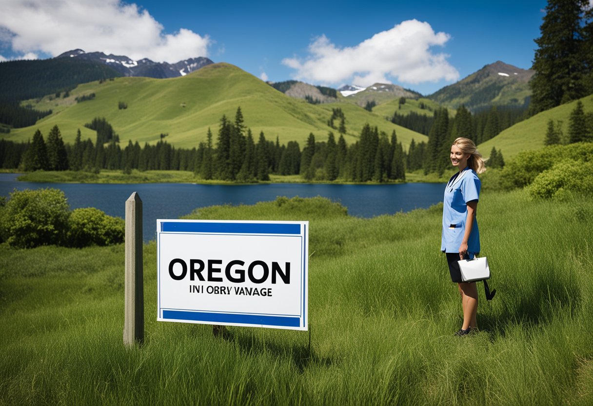 Nurses in Oregon receive top salaries. Illustrate a scenic landscape with a prominent "Oregon" sign and a graph showing rising nurse wages