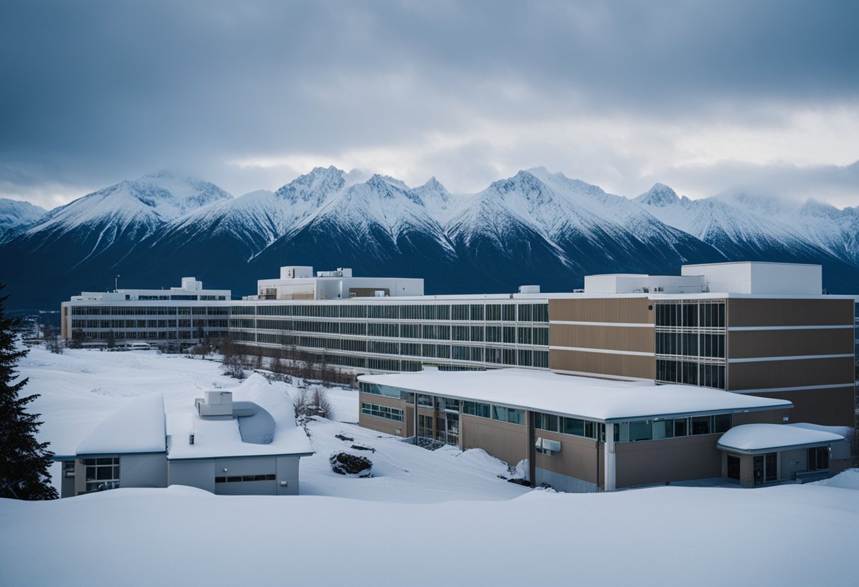 A snowy landscape with a hospital and mountains in the background, showcasing the unique demands and high compensation for nurses in Alaska