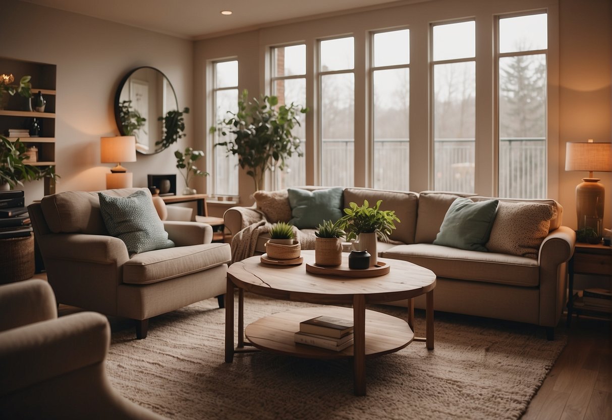 A cozy living room with various styles of armchairs arranged around a coffee table. Soft lighting and warm colors create a welcoming atmosphere