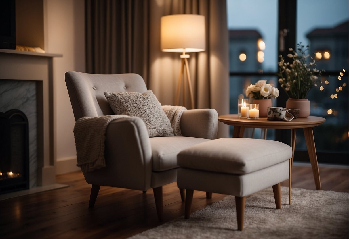 A cozy living room with a stylish armchair, surrounded by warm lighting and decorative elements, creating a welcoming and comfortable atmosphere