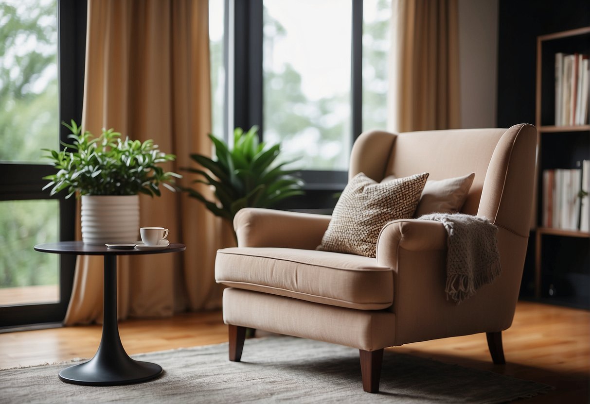 A cozy armchair fits perfectly in a living room, next to a side table and lamp. The room is well-lit and inviting, with plenty of space for the chair to be the focal point