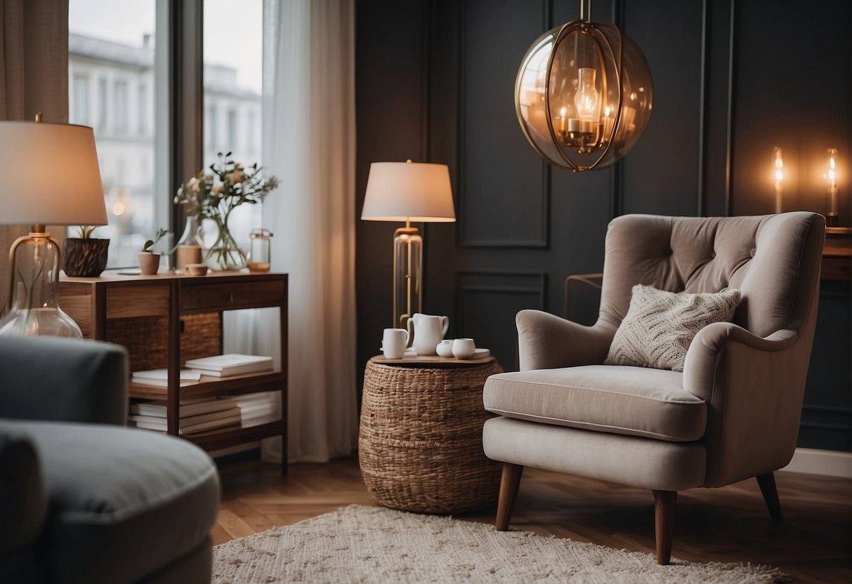 A cozy living room with a stylish and comfortable armchair, surrounded by elegant decor and soft lighting