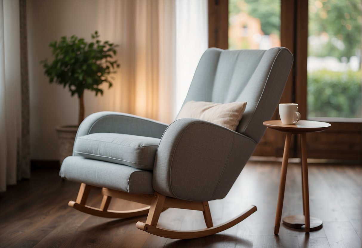 A cozy nursing chair with padded armrests and a gentle rocking motion, surrounded by soft lighting and a side table with a warm beverage