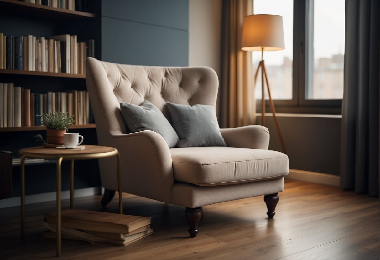 A cozy armchair with soft cushions and armrests, placed in a quiet corner. A small side table holds a lamp and a book