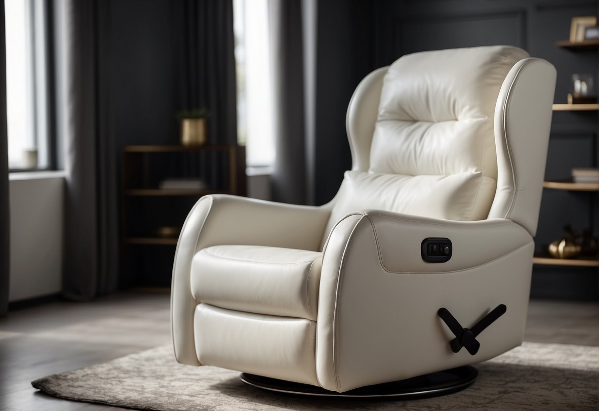 A comfortable armchair with soft padding, armrests, and a high backrest. It should have a gentle rocking or gliding motion and a footrest for added comfort