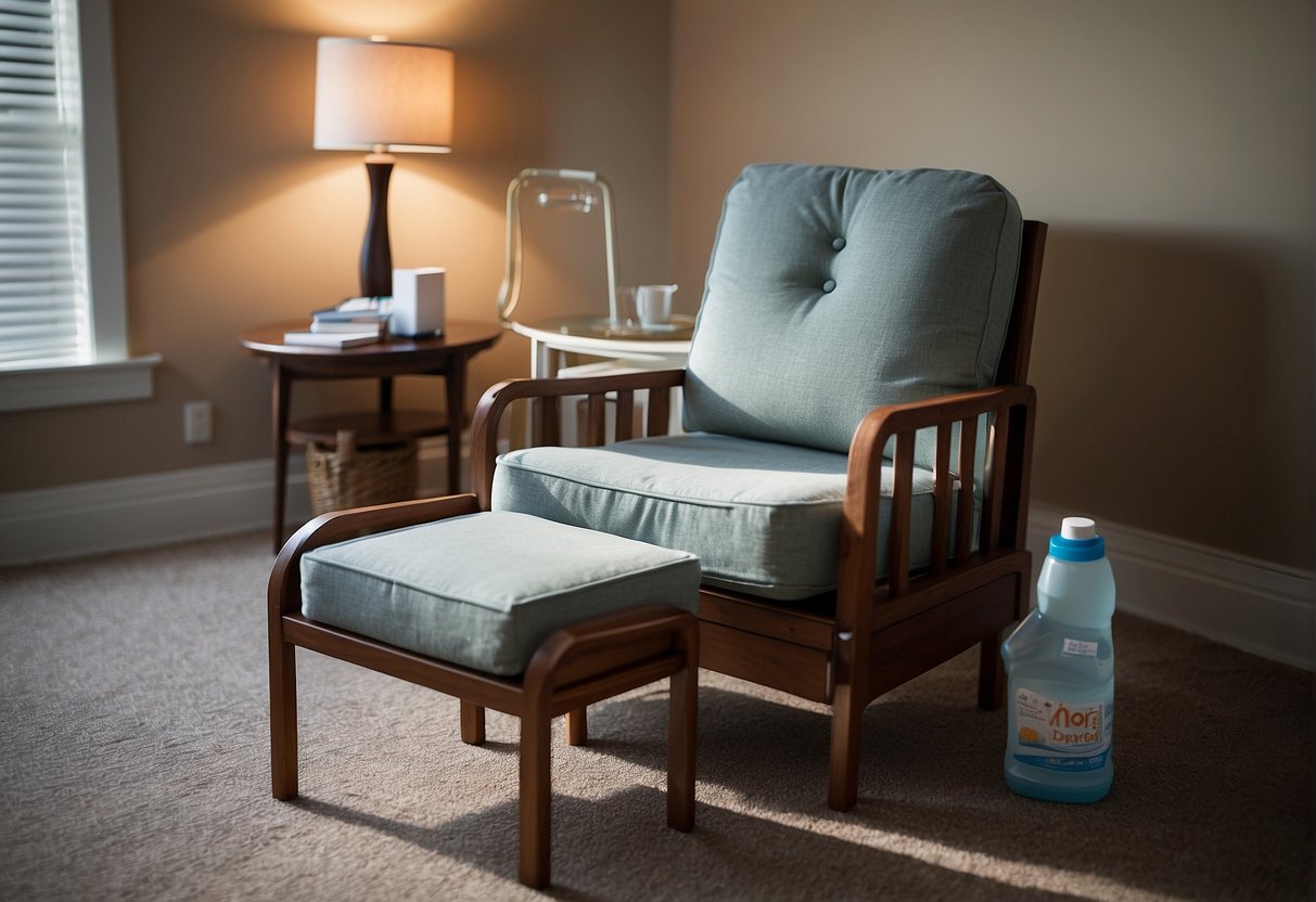 A comfortable nursing chair with a supportive armrest and soft cushion, positioned near a side table with a bottle of water and a book