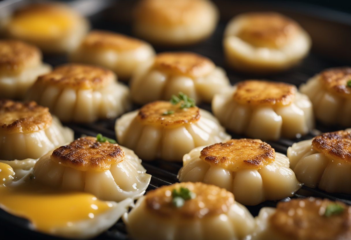 Golden-brown scallops covered in melted cheese on a sizzling baking tray