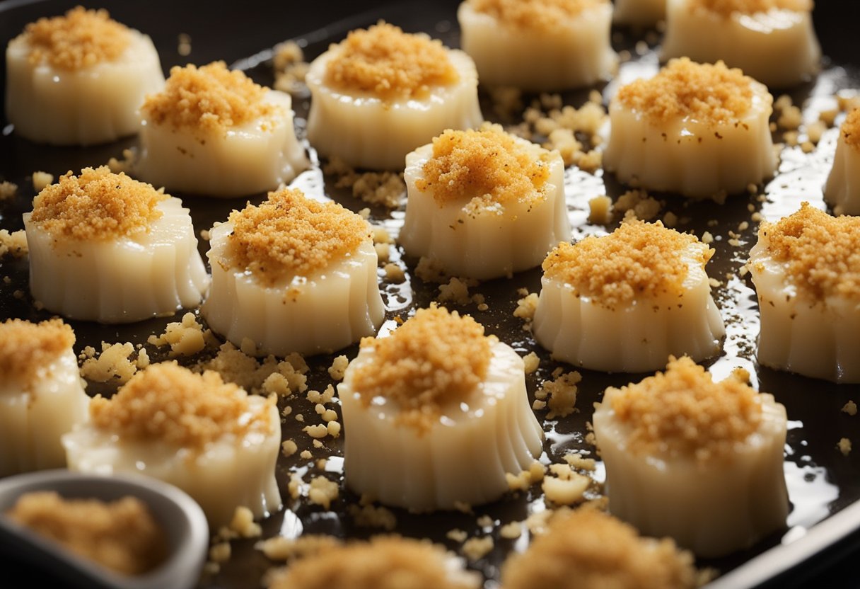 Scallops arranged on a baking dish, topped with a layer of melted cheese and breadcrumbs, ready to be placed in the oven