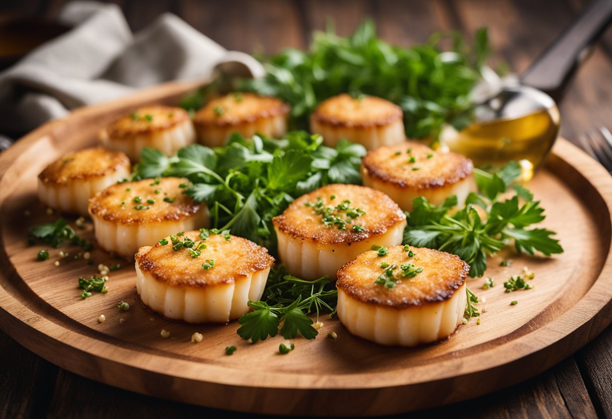 Scallops sizzling in a golden-brown cheese crust, arranged on a rustic wooden serving platter with a sprinkle of fresh herbs