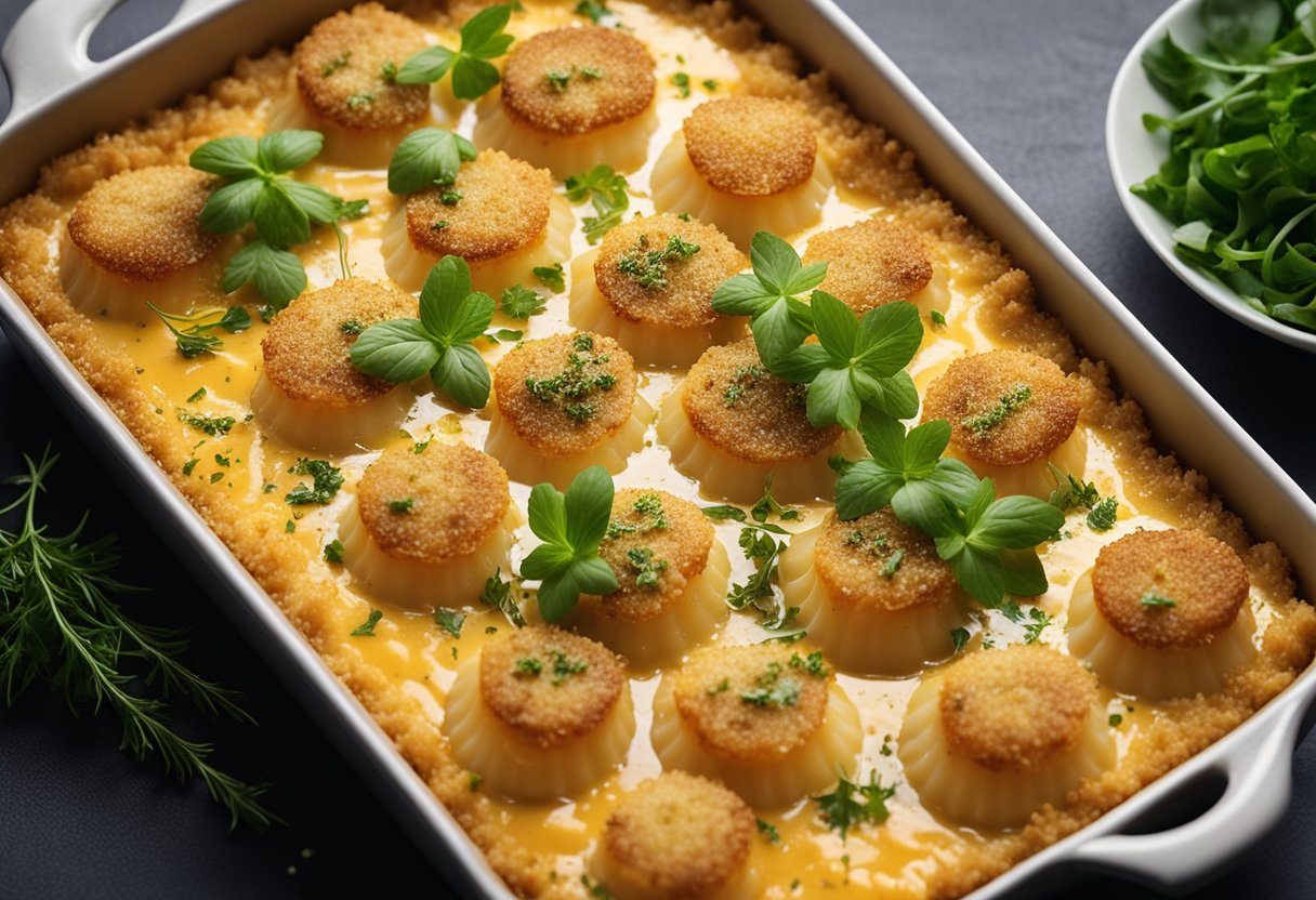 A baking dish filled with golden-brown, bubbling cheesy scallops, surrounded by a sprinkling of breadcrumbs and fresh herbs