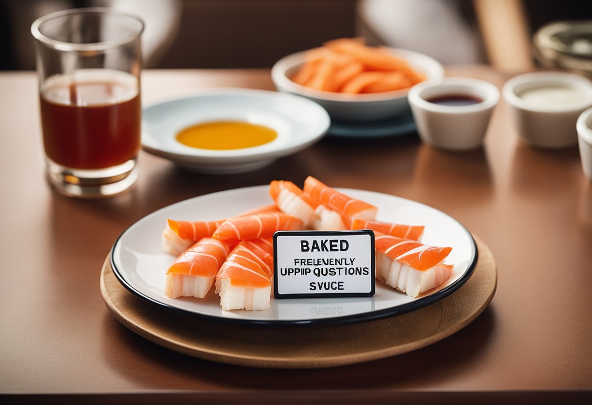 Baked crab sticks arranged on a plate with a side of dipping sauce. A "Frequently Asked Questions" sign sits next to the dish