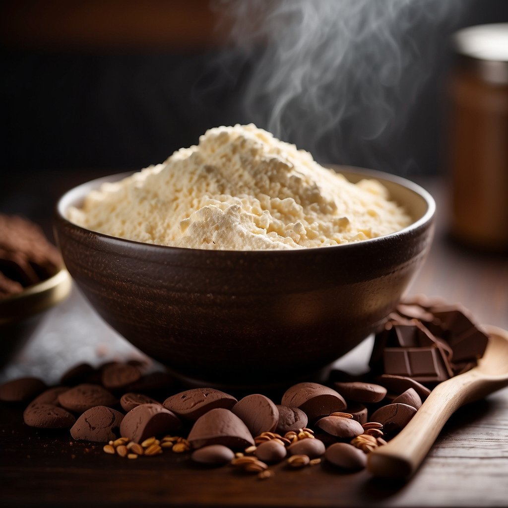 A mixing bowl filled with flour, cocoa powder, and sugar. A stick of butter and a bowl of chocolate chips sit nearby