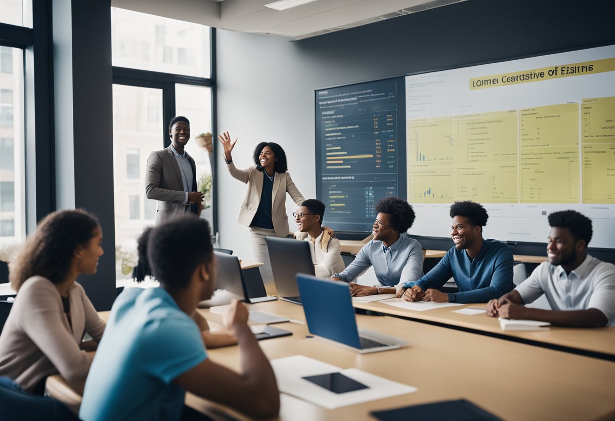 A classroom setting with diverse students learning about finance through interactive activities and discussions, with visuals of income disparity and wealth distribution on the walls