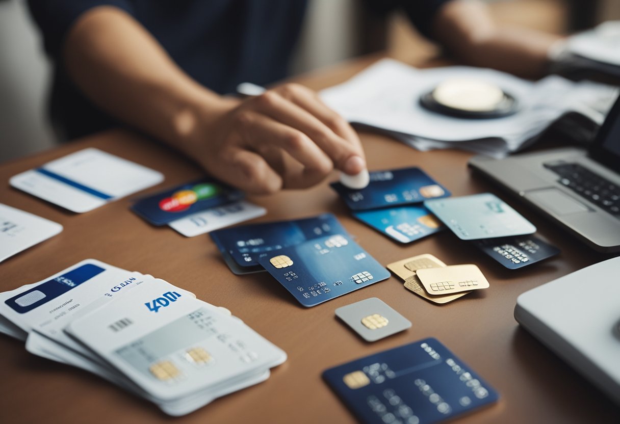 A person comparing credit cards based on financial profile. Various cards and financial documents spread out on a table