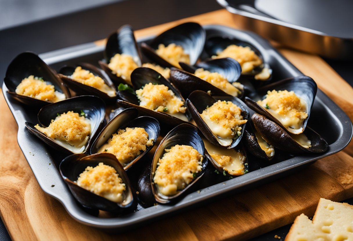 Mussels arranged on a baking sheet, topped with melted cheese and breadcrumbs, ready to be placed in the oven