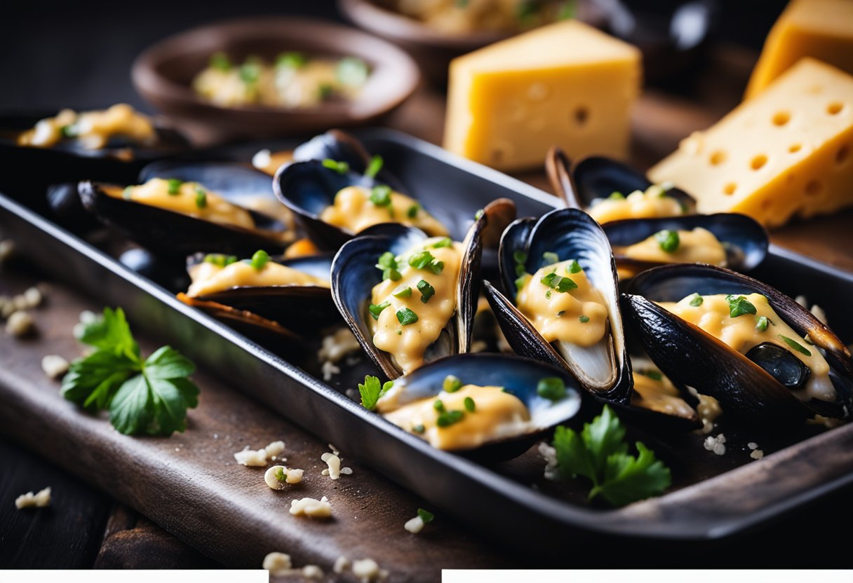 Mussels sit on a baking tray, topped with melted cheese