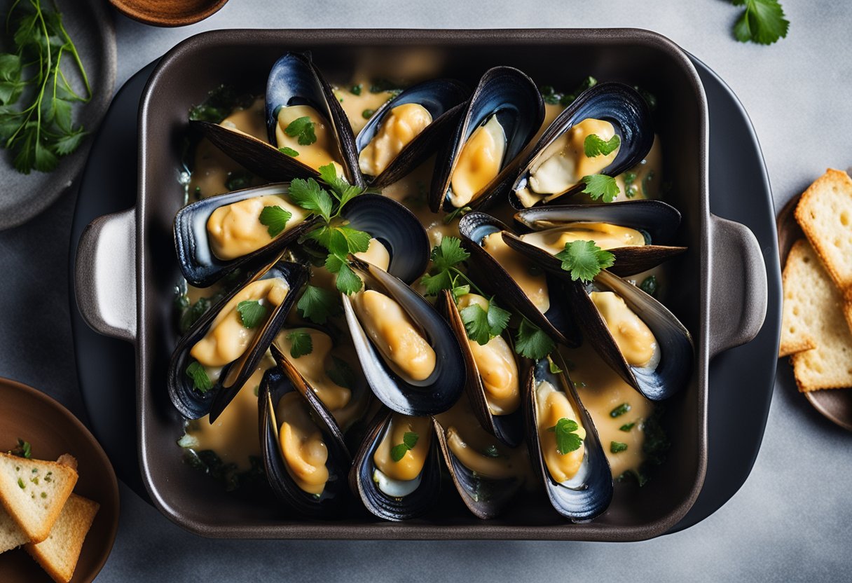 Mussels topped with melted cheese in a baking dish