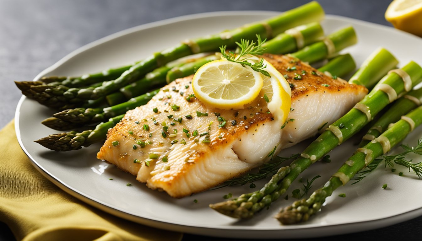 A golden-brown baked cod fish sits on a bed of vibrant green asparagus, garnished with slices of lemon and a sprinkle of fresh herbs