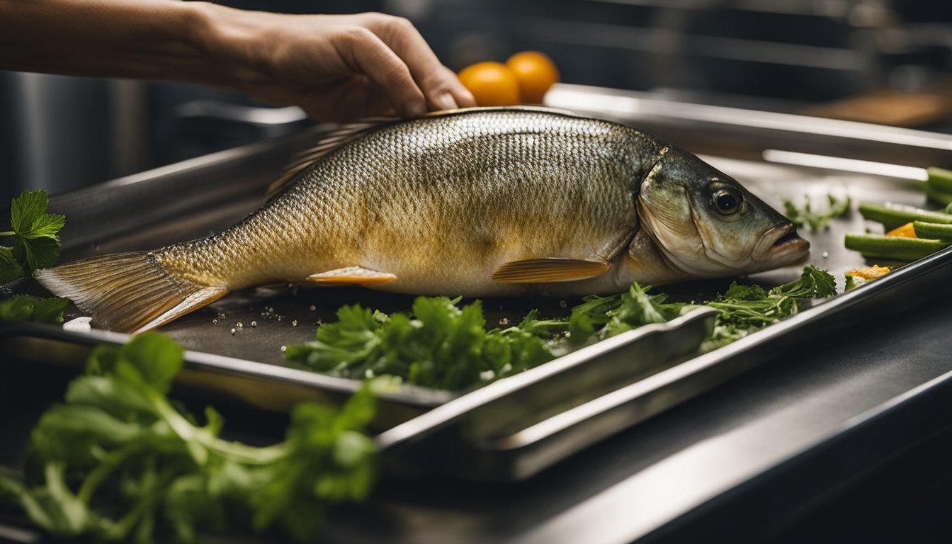 A whole fish is being seasoned with herbs and spices before being placed on a baking tray inside a toaster oven