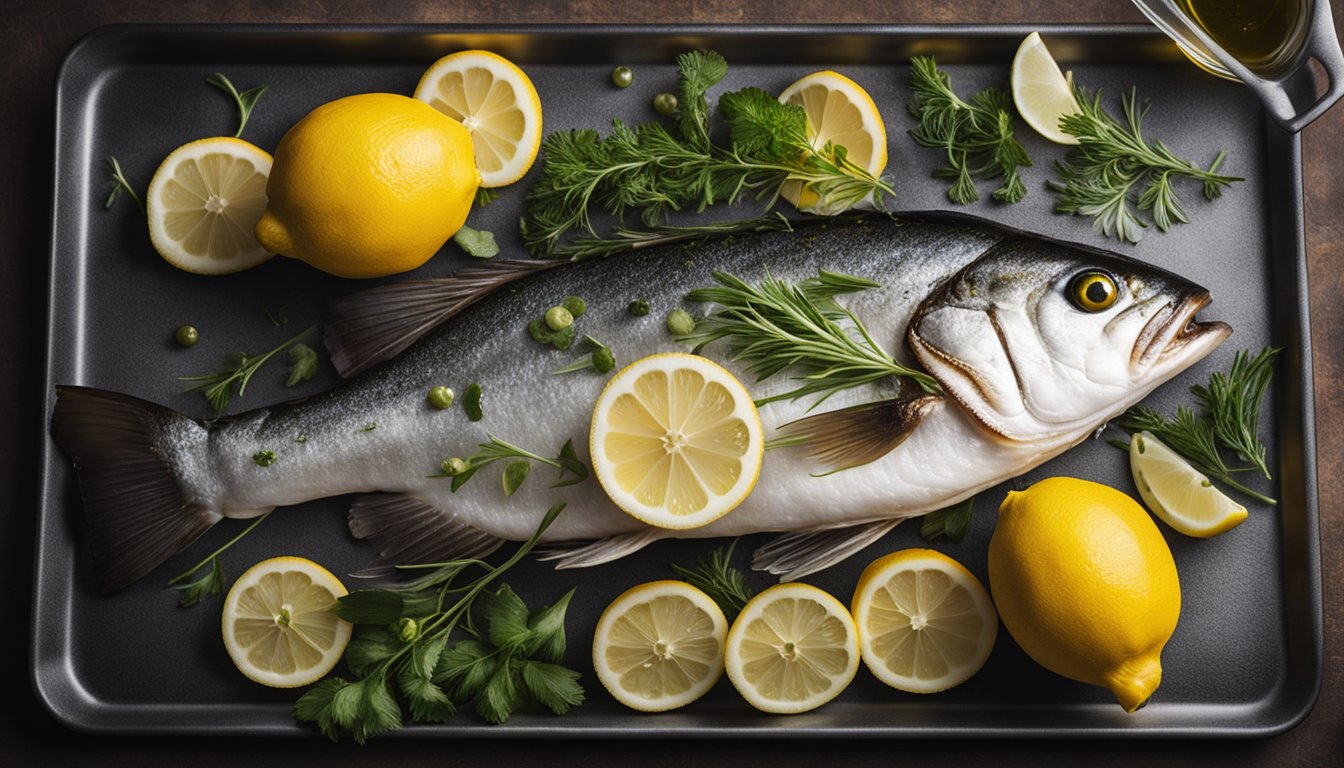 A whole cod fish laid on a baking tray, surrounded by sliced lemons, herbs, and a drizzle of olive oil