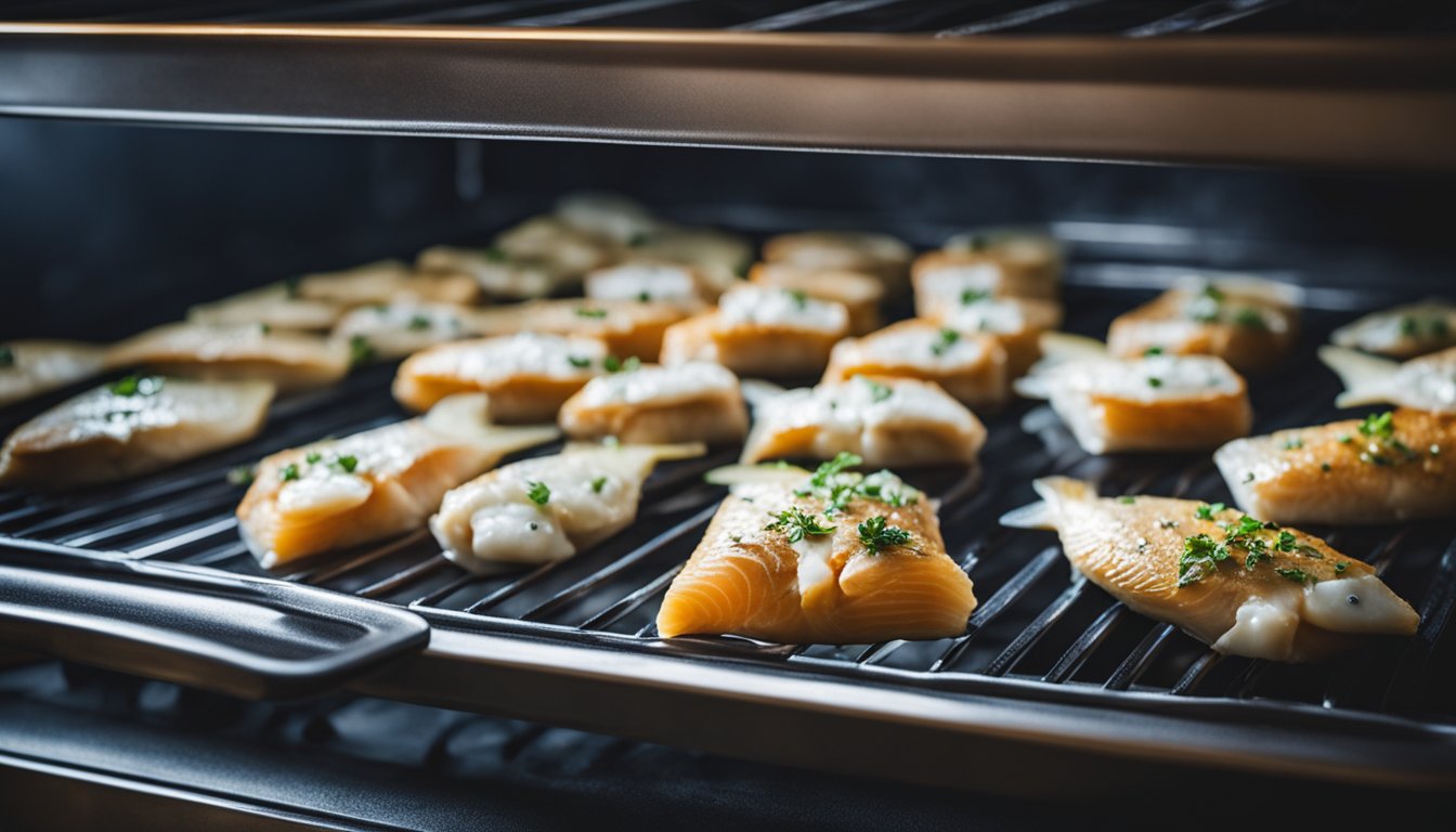 Fish placed on a baking tray in a toaster oven. The oven door is closed and the fish is cooking