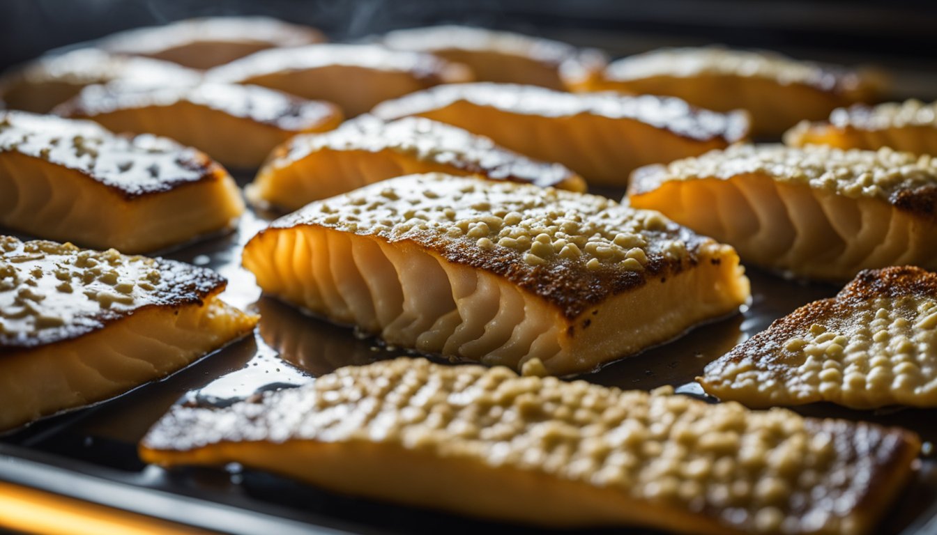 Fish fillets sizzling in a toaster oven. Steam rises as the golden crust forms on the surface