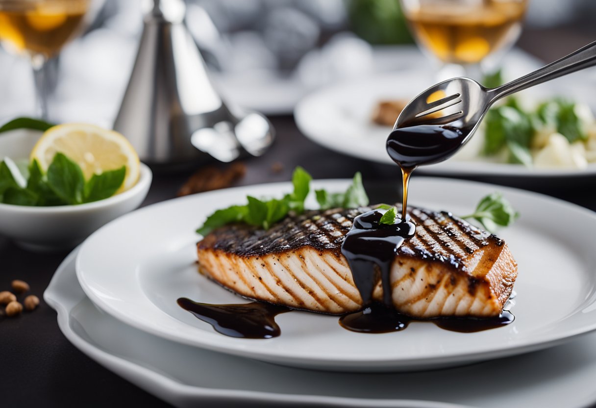 A clear glass bowl filled with balsamic vinegar sauce drizzling over a perfectly grilled fish fillet on a white plate