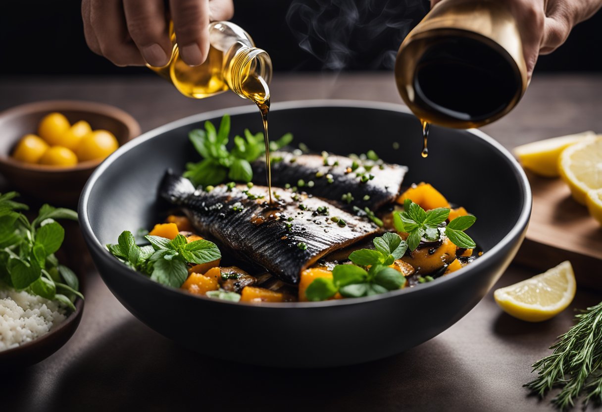 A hand pours balsamic vinegar into a bowl of fish, with herbs and spices nearby