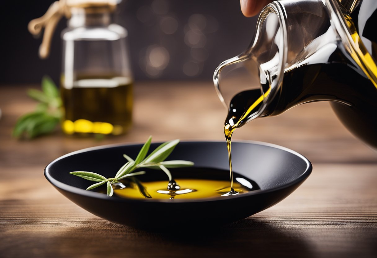 A hand pours balsamic vinegar into a bowl of olive oil, mixing with a whisk