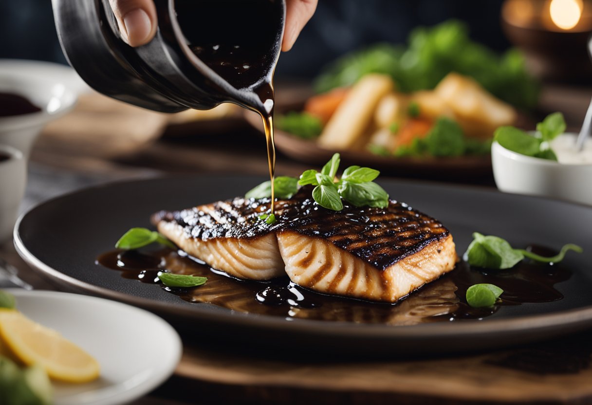 A chef pours balsamic vinegar sauce over a perfectly grilled fish, adding a final touch of flavor to the dish