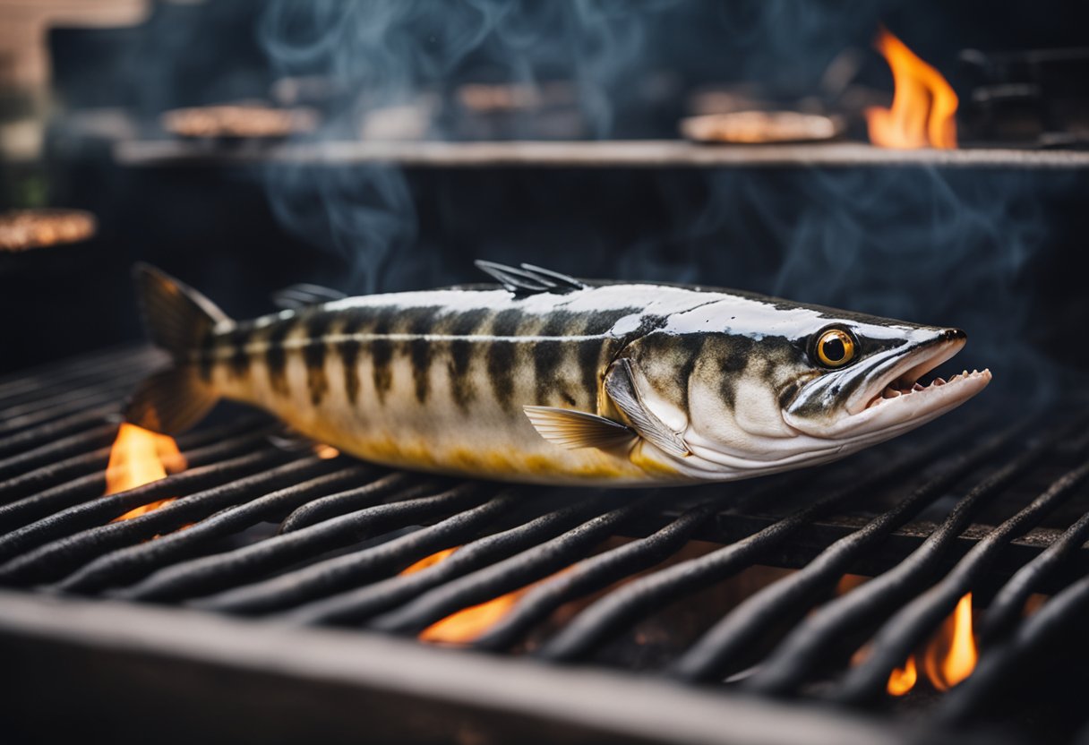 A barracuda fish sizzling on a hot grill, emitting a tantalizing aroma of charred flesh