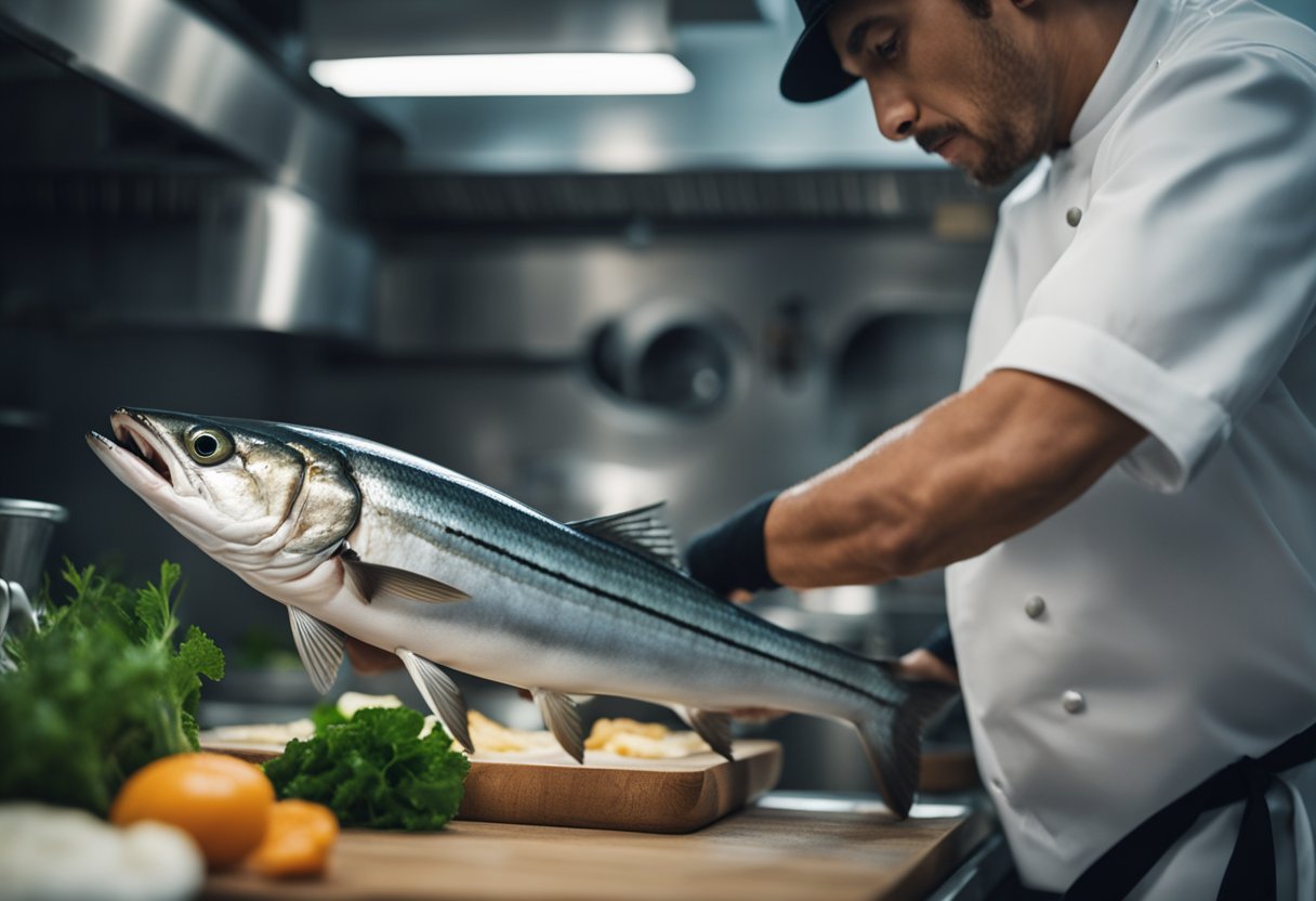 A chef selects a fresh barracuda fish and prepares it for cooking