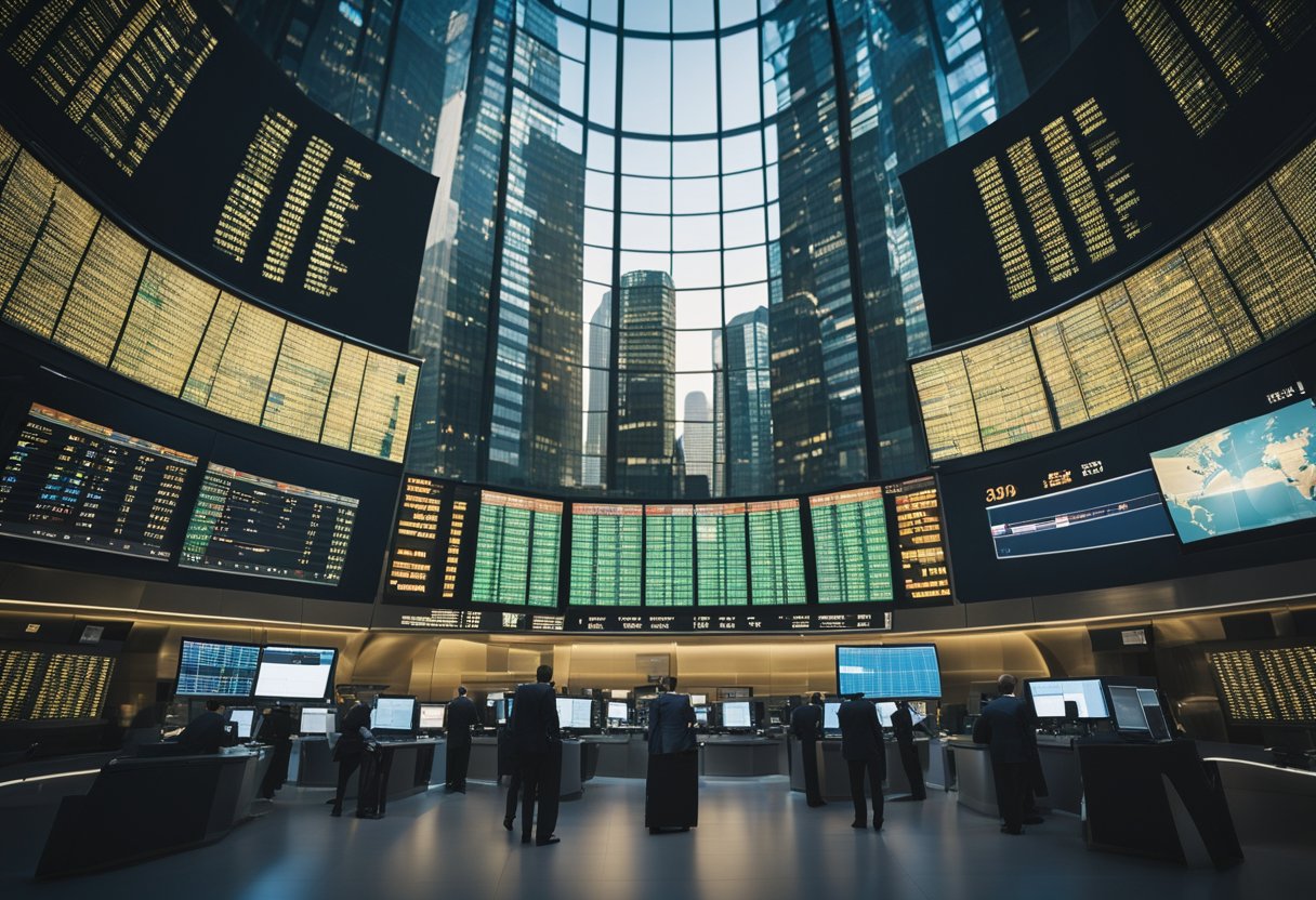 A bustling stock exchange with digital screens displaying global market data, surrounded by skyscrapers symbolizing interconnected financial systems