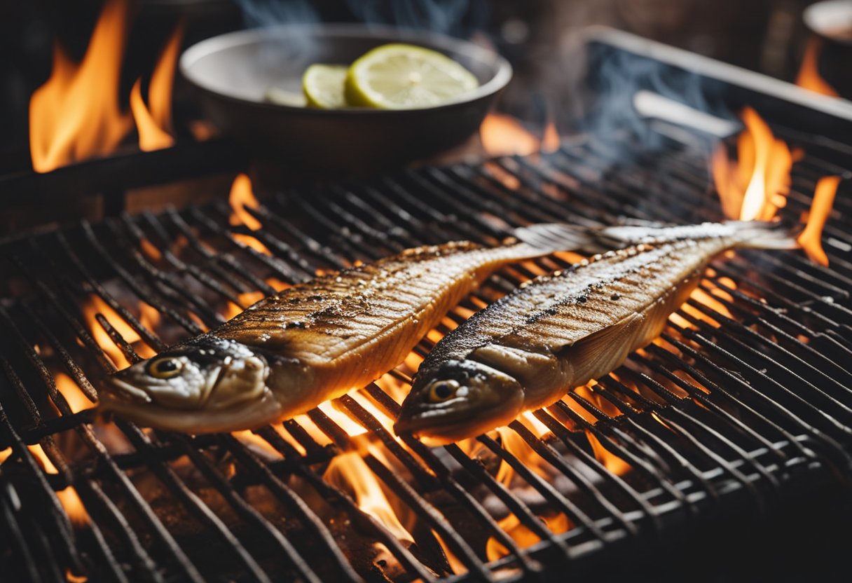 The barracuda fish is being grilled over an open flame, with a chef basting it with a savory marinade. The fish is sizzling and emitting a delicious aroma as it cooks to perfection