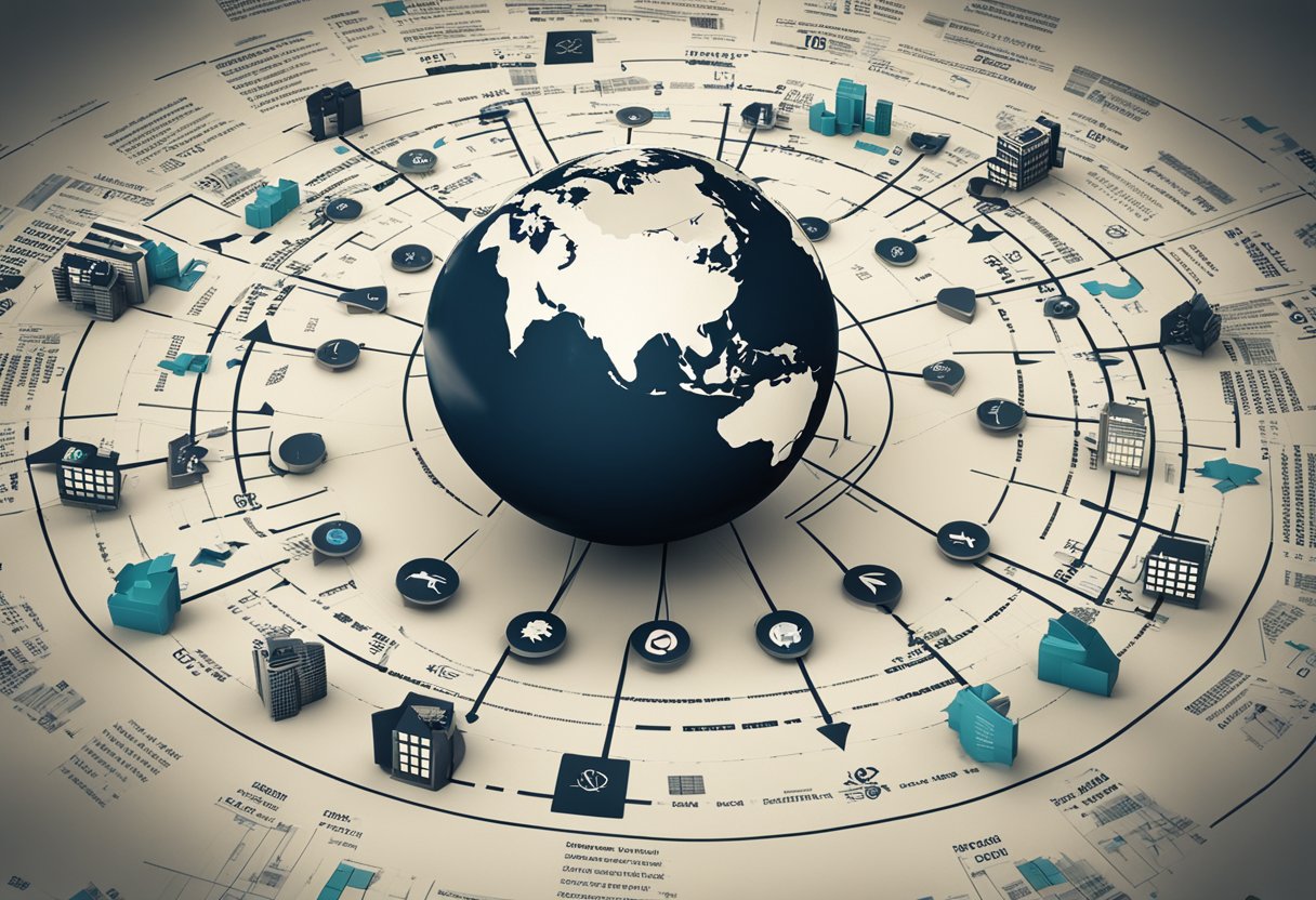 A globe surrounded by interconnected financial symbols, with arrows representing the flow of capital and data, illustrating the impact of globalization on financial markets and the global economy