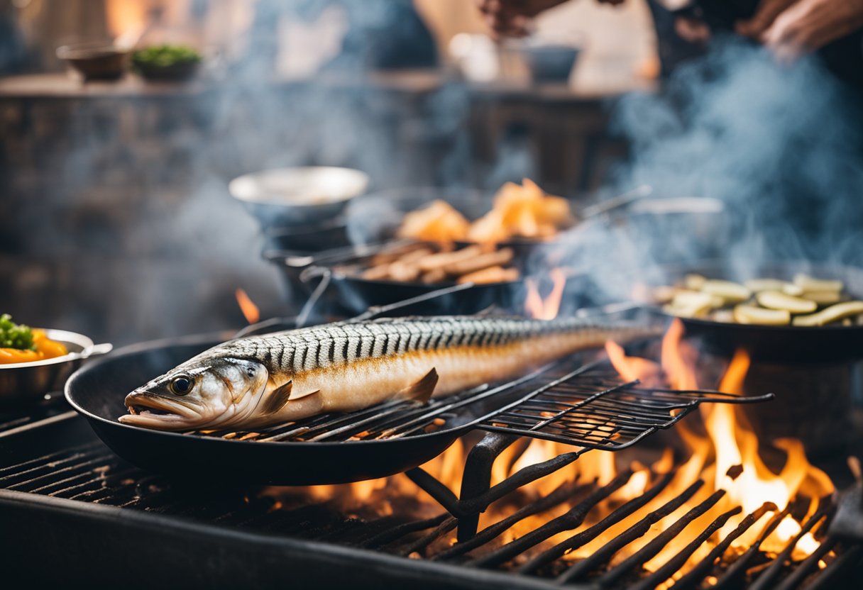 A barracuda fish being grilled over an open flame with smoke rising, surrounded by various cooking utensils and ingredients