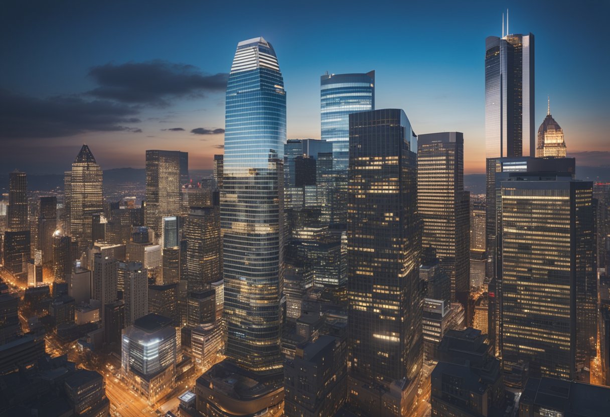 A bustling city skyline with diverse buildings and a vibrant financial district, symbolizing the growth of impact investing. The scene is filled with energy and potential for positive change