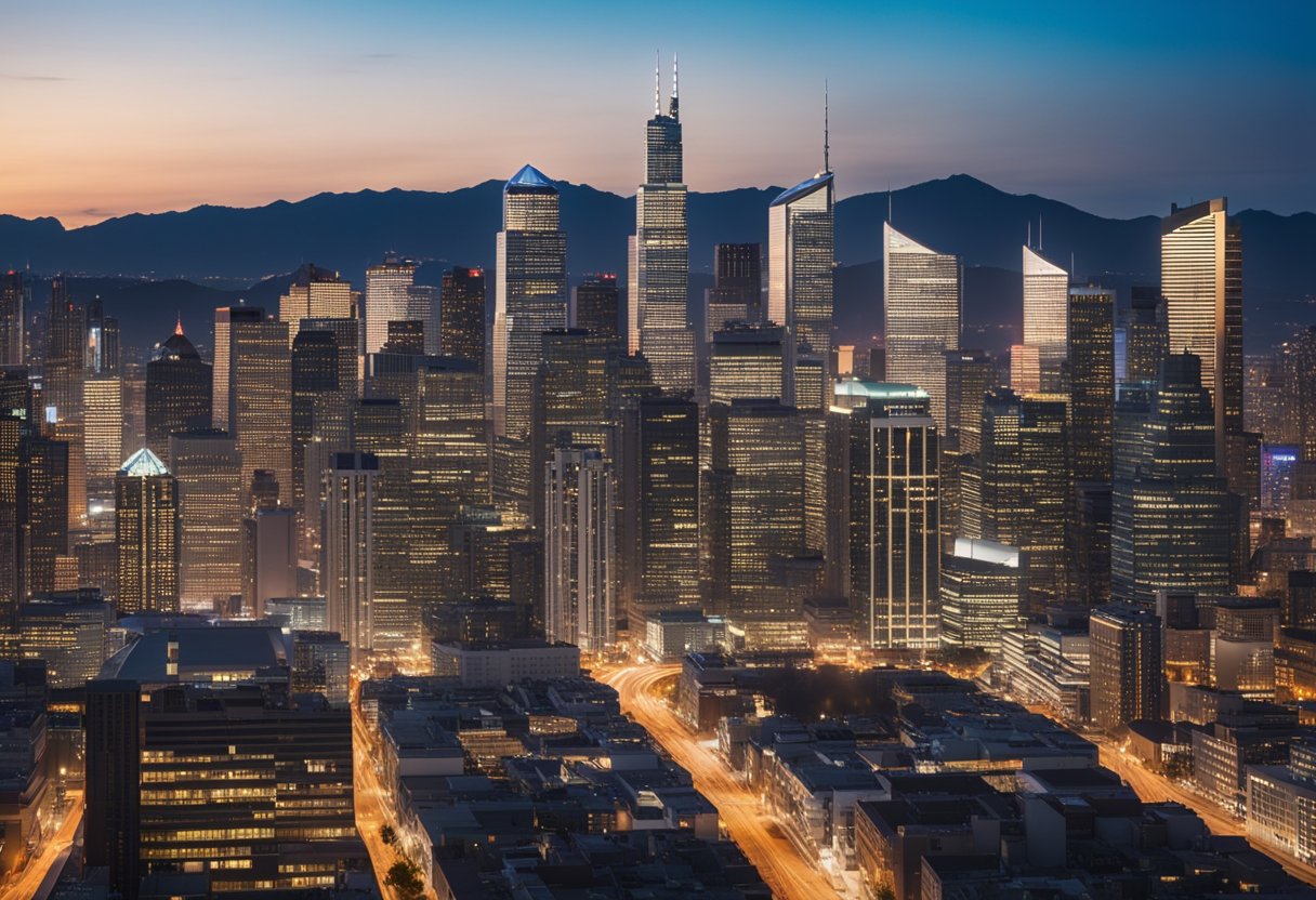 A bustling city skyline with diverse buildings and a vibrant financial district, symbolizing the growth of impact investing