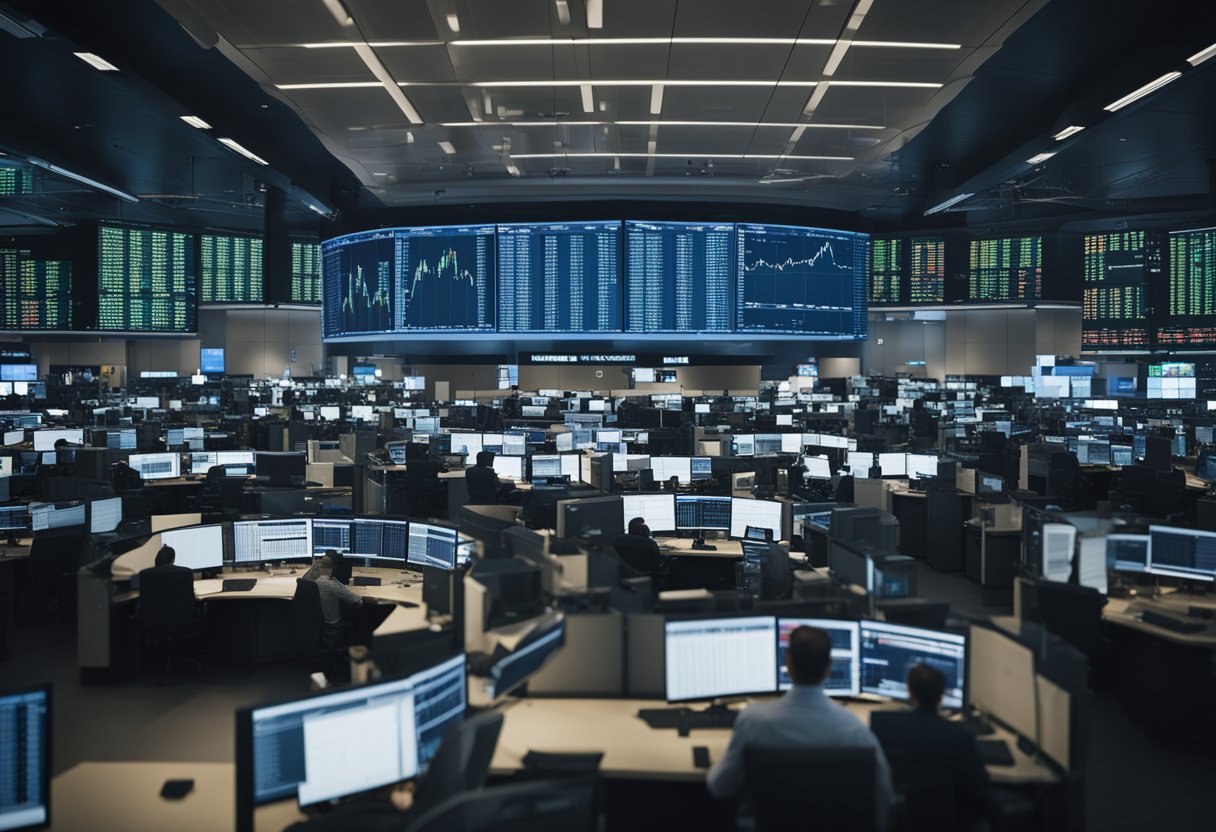 A bustling trading floor with multiple screens displaying market data, traders making quick decisions, and a sense of urgency in the air