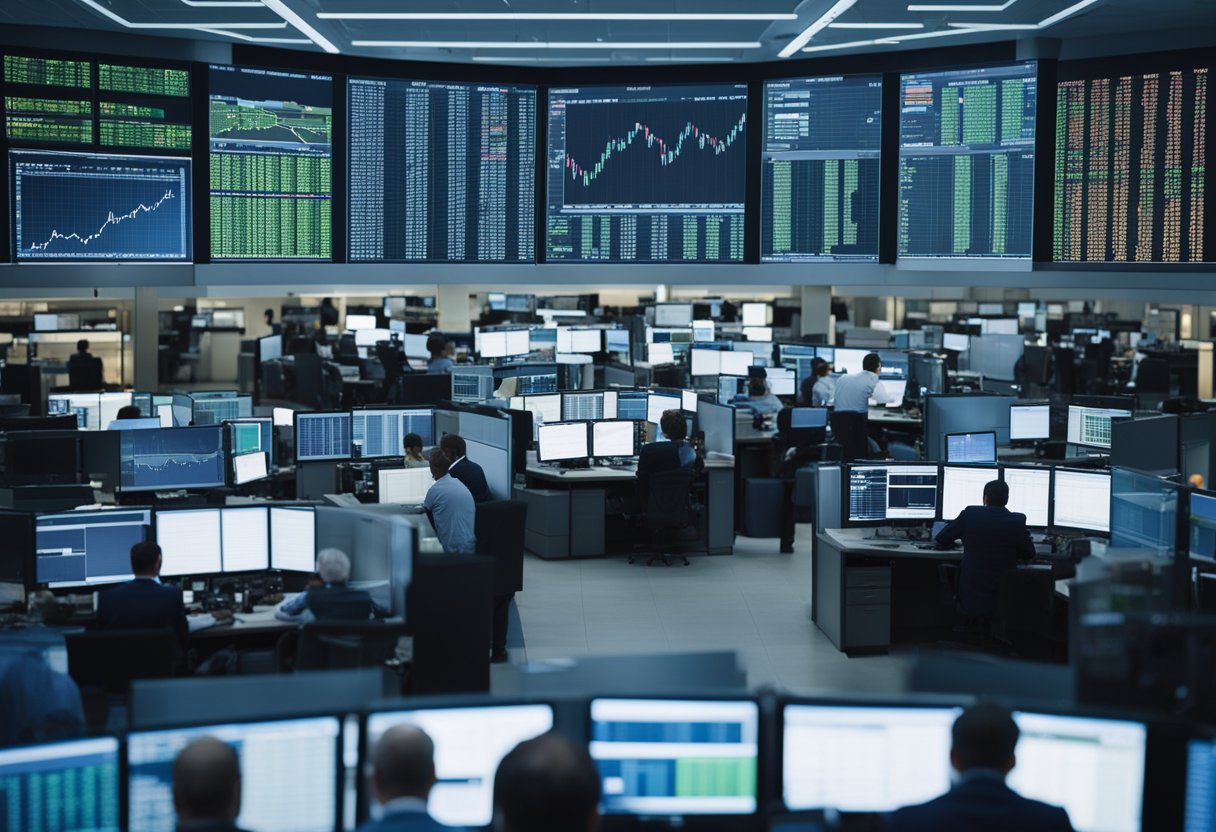 A bustling futures market with traders analyzing data, making deals, and monitoring screens for profit opportunities