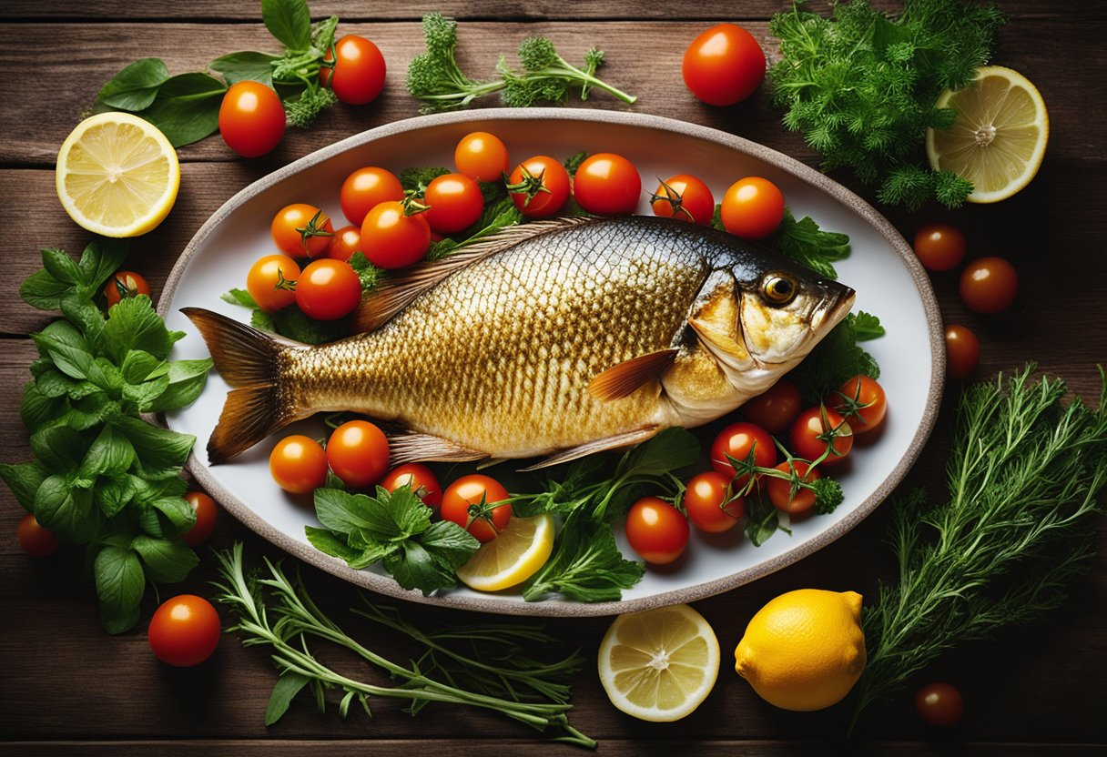 A golden-brown baked fish lies on a bed of fresh herbs, surrounded by lemon wedges and cherry tomatoes